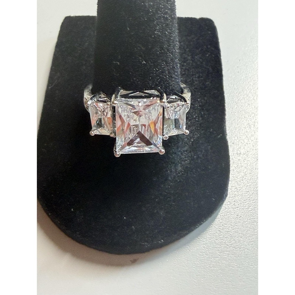 Ring Silver 3 Stone Rectangle Cubic Zirconia Stones Sterling 925 Band Size 8